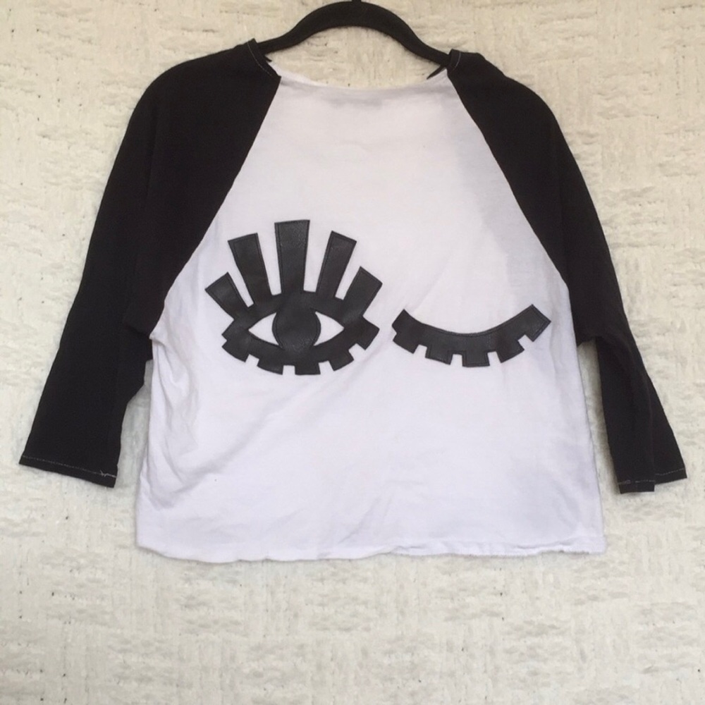 Syd + Mallory Leather Wink Eye Crop Tee Varsity Baseball Jersey 3/4 Sleeve Shirt